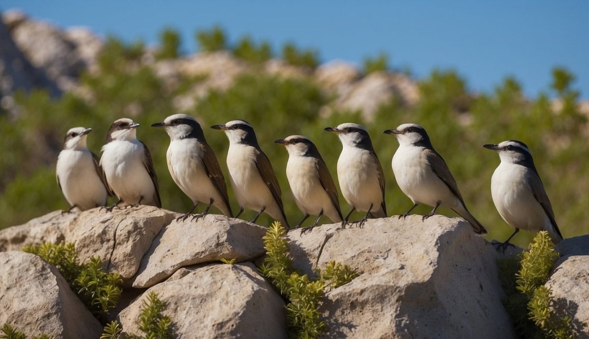 A group of Emberizidae birds perched on feldspar rocks, surrounded by lush vegetation and a clear blue sky