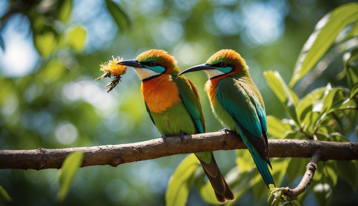 A colorful bee-eater perches on a branch in a lush, tropical habitat, surrounded by vibrant foliage and insects buzzing in the air