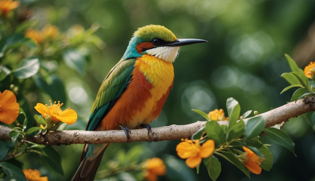 A colorful bee-eater perched on a branch, surrounded by lush foliage and vibrant flowers