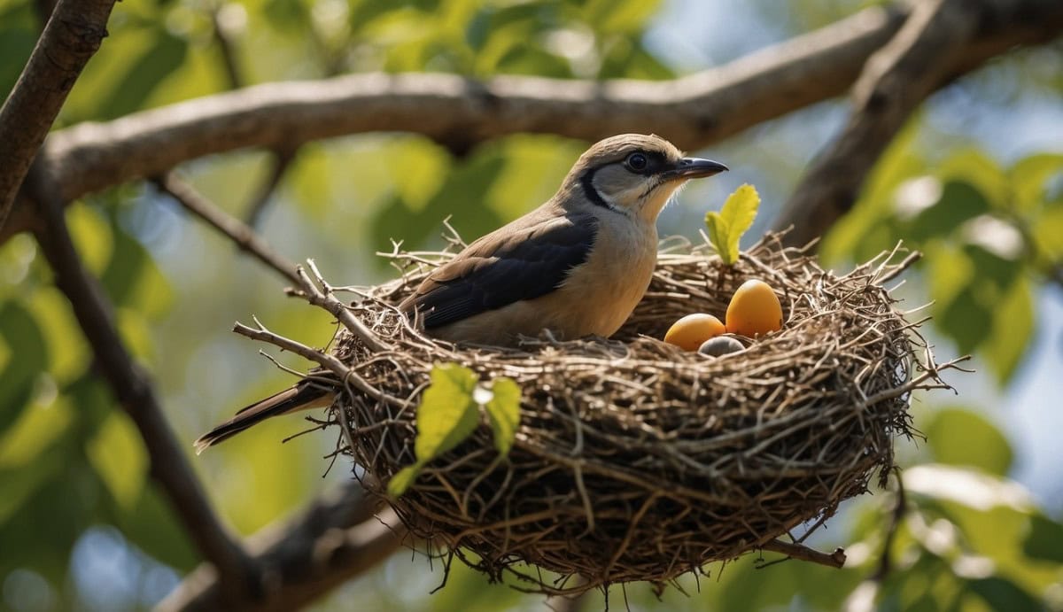 A biatere bird builds a nest in a tree, lays eggs, and feeds its young with insects