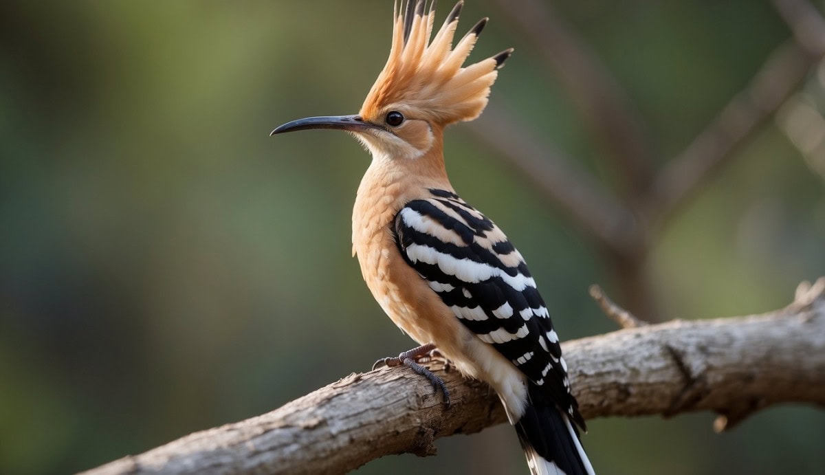 A hoopoe bird perched on a branch, with its distinctive crown raised and long, curved bill visible