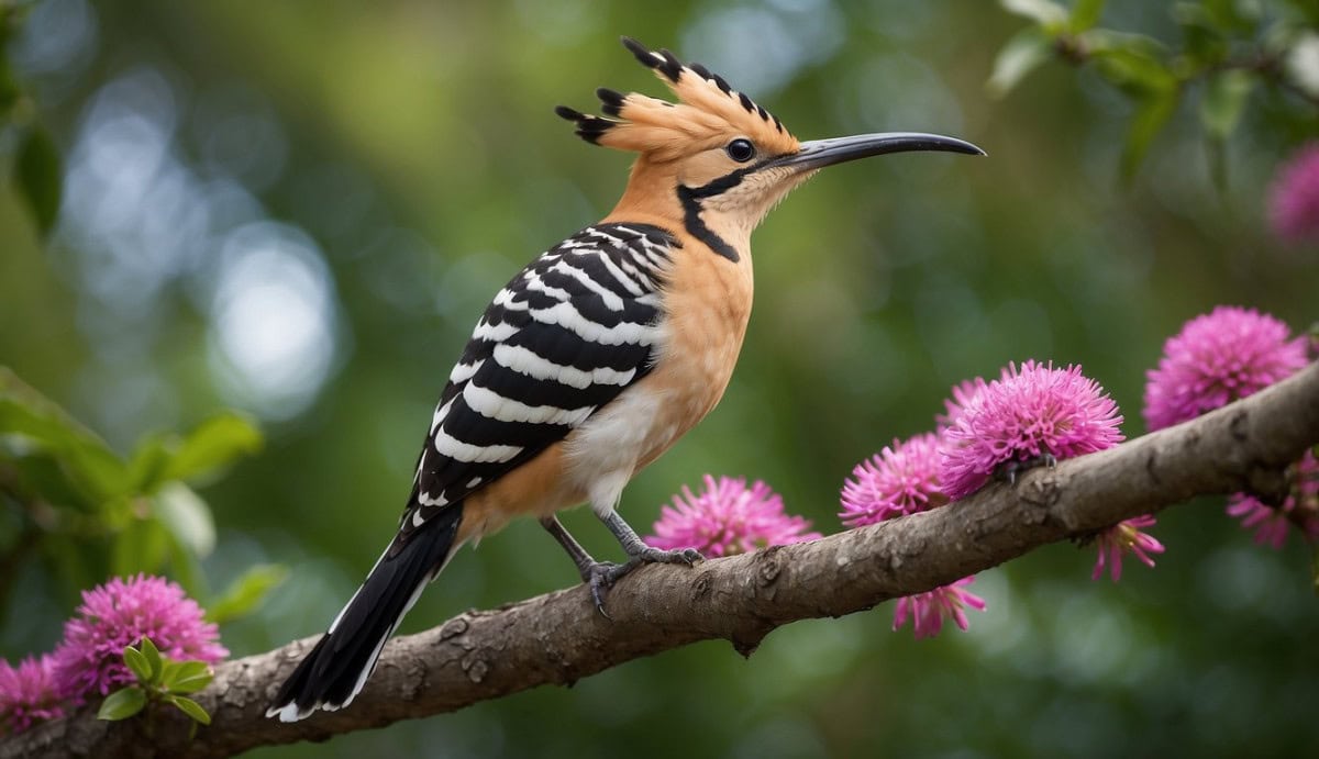 A hoopoe bird perched on a branch, surrounded by lush foliage and colorful flowers