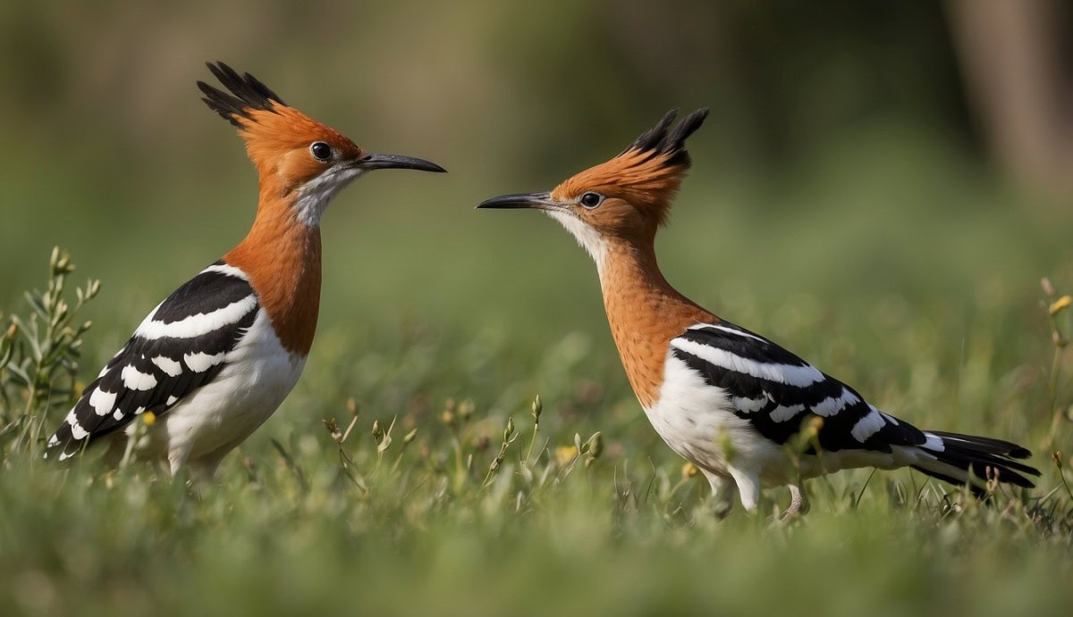 A group of hoopoes foraging for insects in a grassy habitat. Their distinctive crests are raised as they move through the vegetation