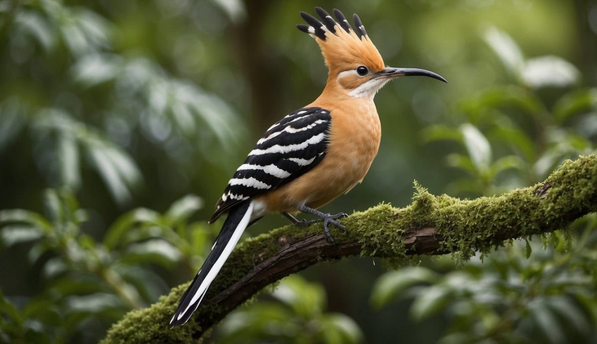A hoopoe bird perched on a branch, surrounded by lush green foliage, with its distinctive crown raised and long, curved beak visible