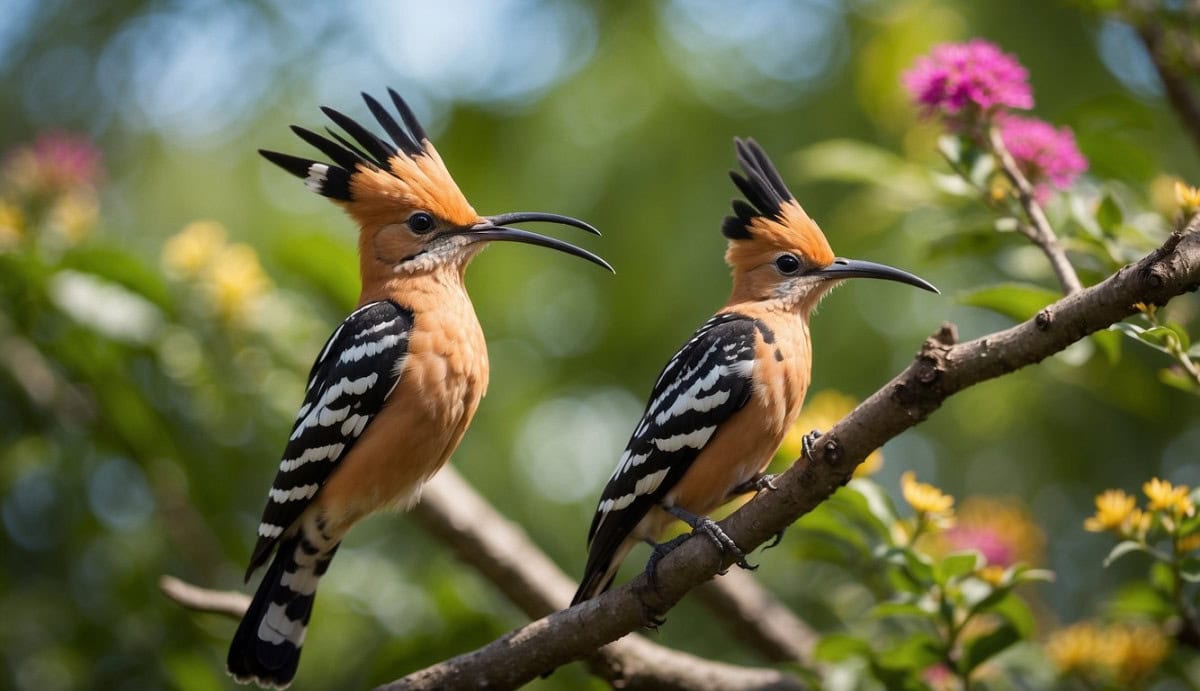 A colorful Hoopoe bird perched on a branch, surrounded by lush green foliage and vibrant flowers