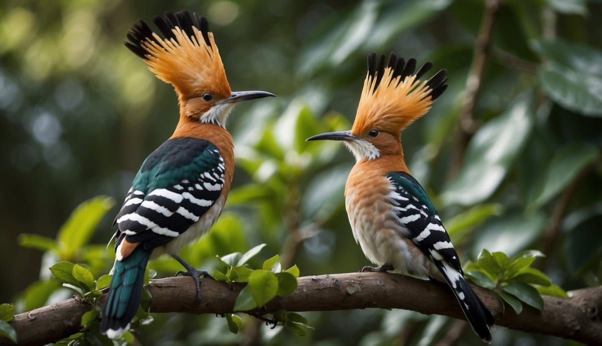 A family of hoopoes perched on a branch, displaying their distinctive crests and colorful plumage, surrounded by lush foliage