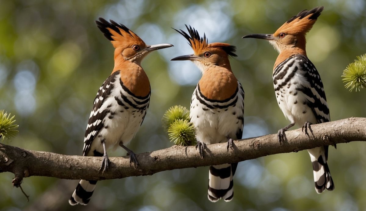 A group of hoopoes perched on tree branches, with their distinctive crests raised, foraging and observing their surroundings
