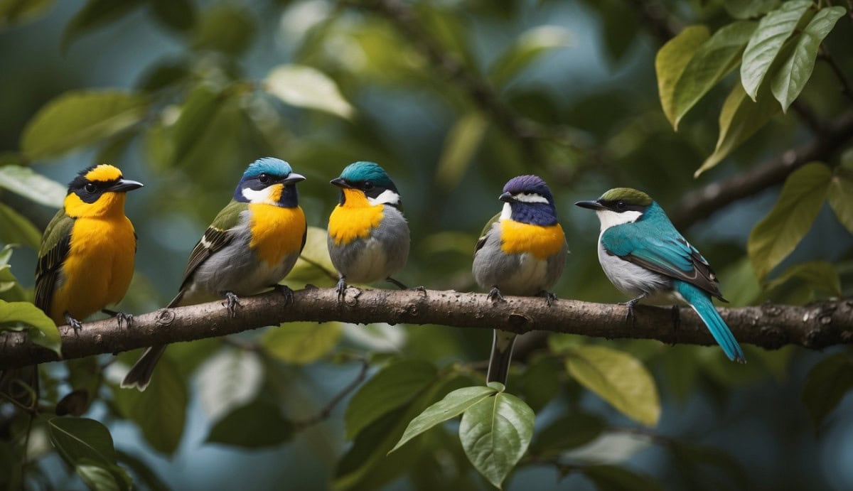A group of Paridae birds perched on branches, with varying colors and patterns on their feathers, surrounded by leaves and small insects