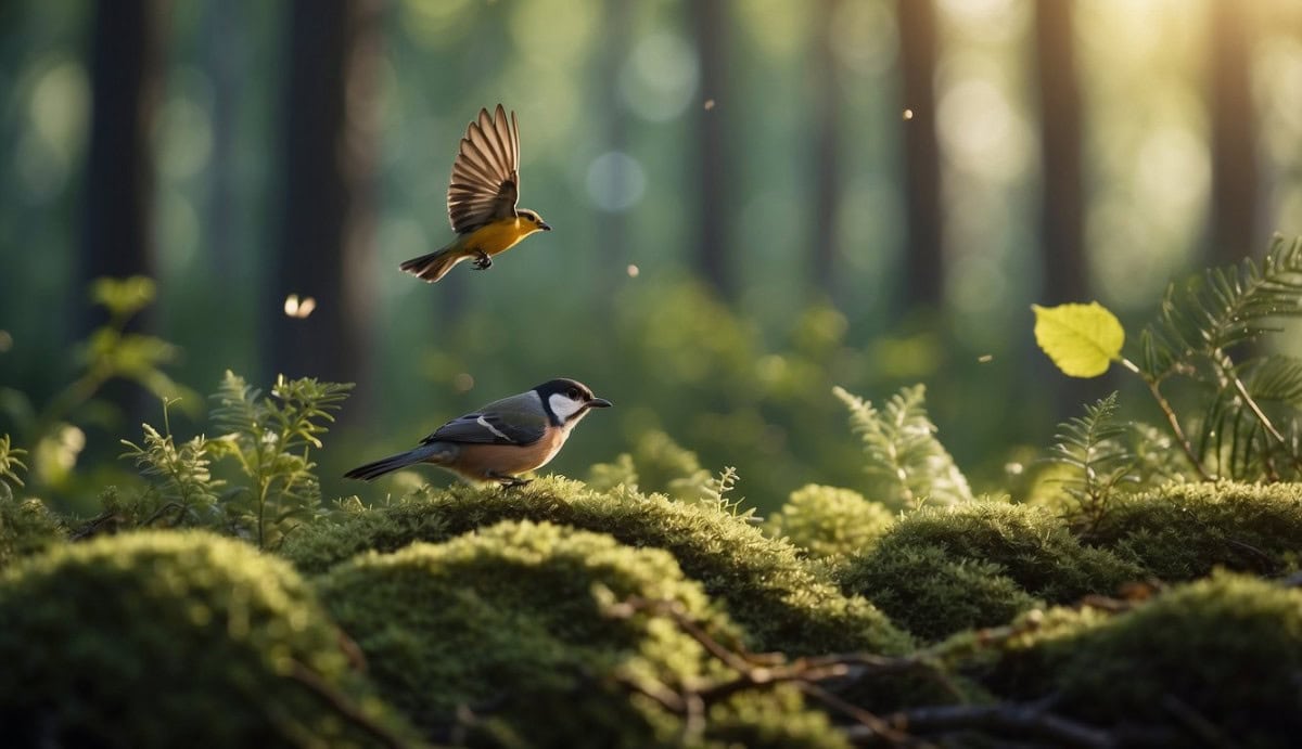 A forest clearing with diverse vegetation, where small Paridae birds are perched on branches and flitting between trees