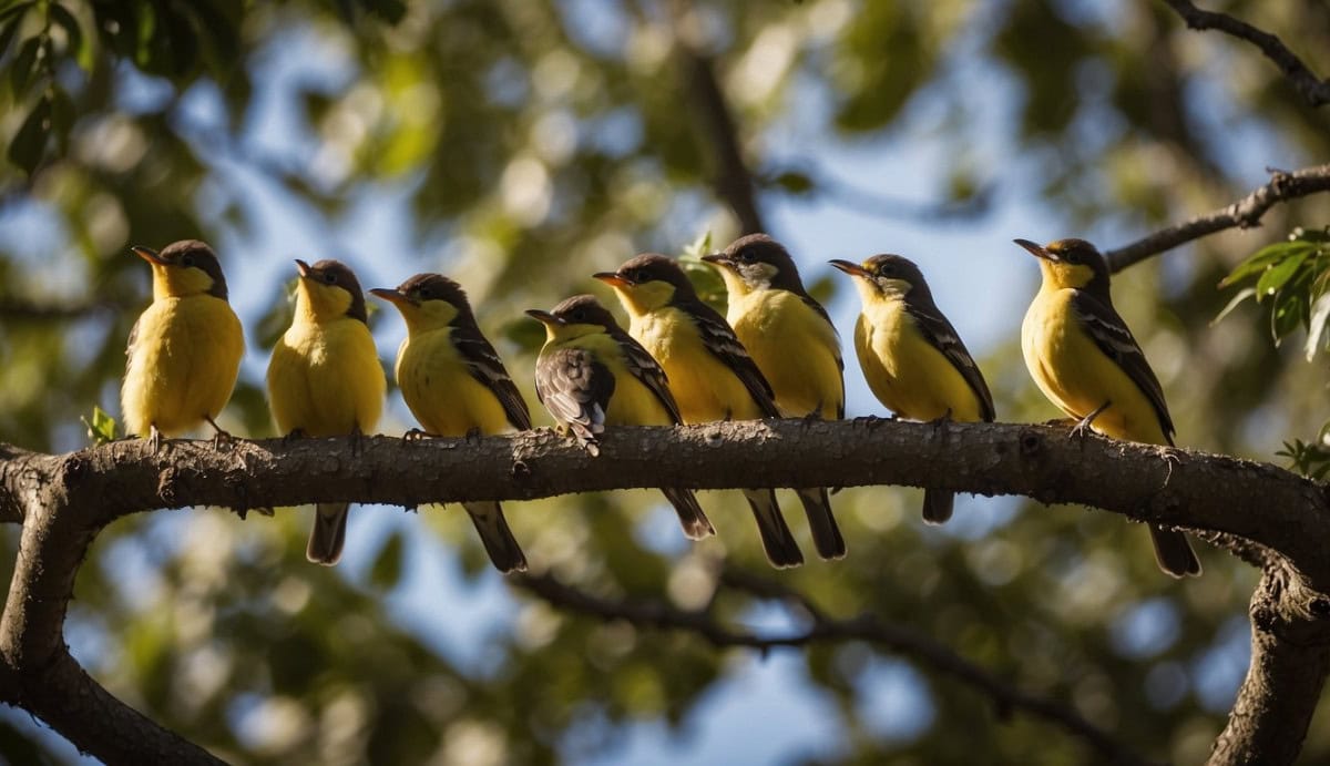 A group of Paridae birds perched on tree branches, with one bird feeding its chick while others watch nearby