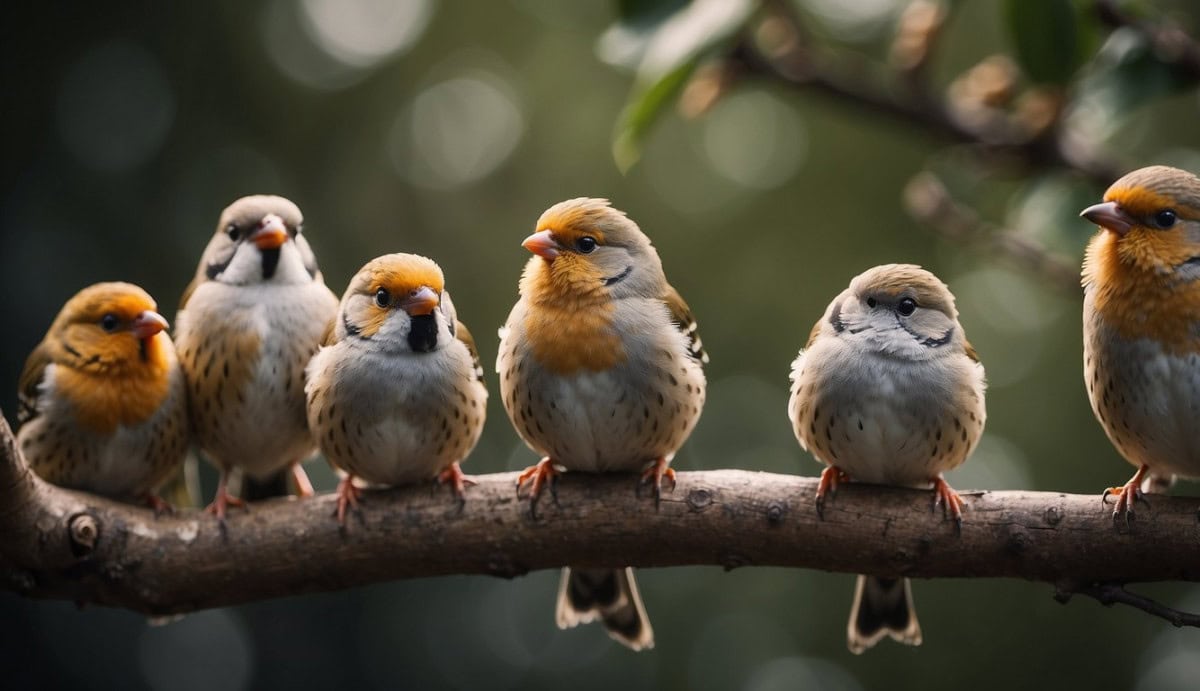 A group of finches perched on branches, showcasing their distinct physical characteristics and morphology