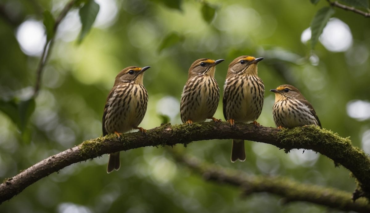 A group of Fältsparvar Emberizidae perched on tree branches, chirping and fluttering their wings in a lush, green forest setting