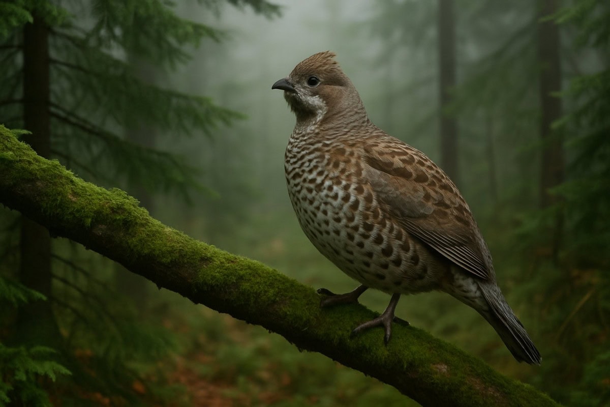 En järpe sitter på en mossig gren i en tät skog.