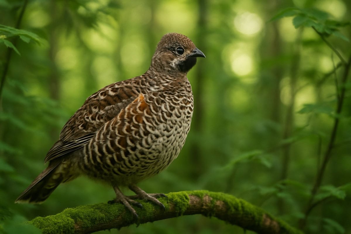 En järpe som sitter på en gren i en grön skogsmiljö.