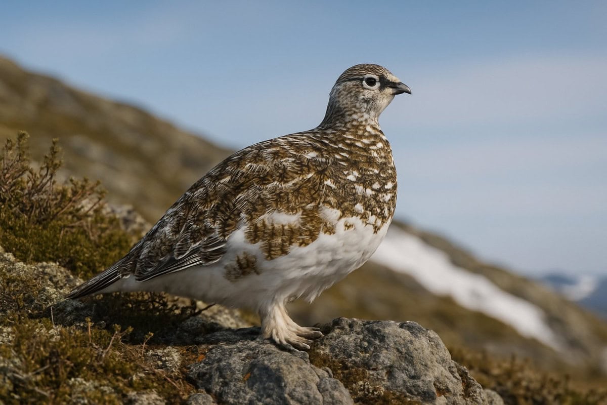 En fjällripa som sitter på en sten i ett fjällandskap med låg vegetation och klara himmel i bakgrunden.
