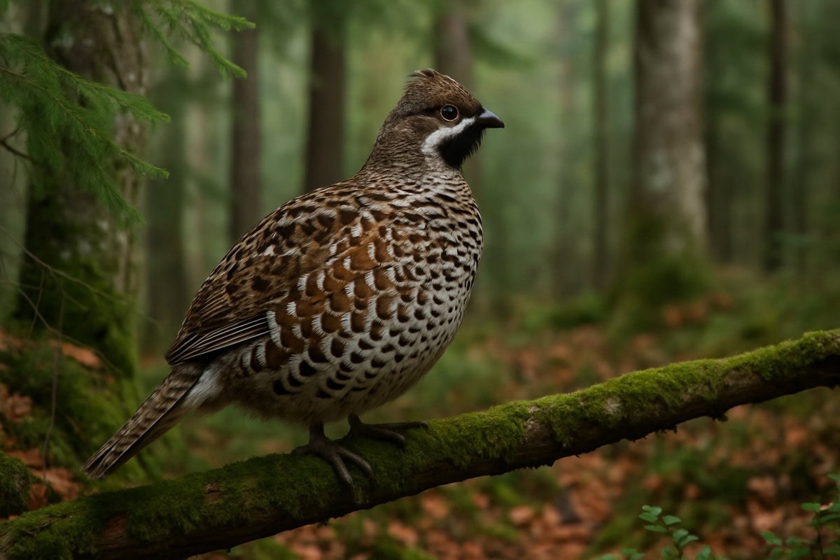 En järpe sittande på en gren i en tät skog med barr- och lövträd.