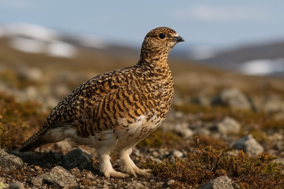 En fjällripa står på stenig tundra med låga buskar och mossor i sin naturliga miljö.