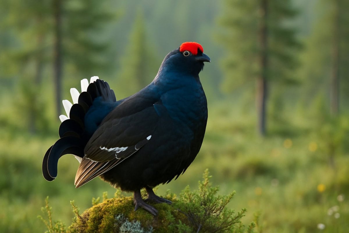 En svart tjäder fågel med utbredd fjäderstjärt sitter på en mossig sten i en grön skogsglänta.