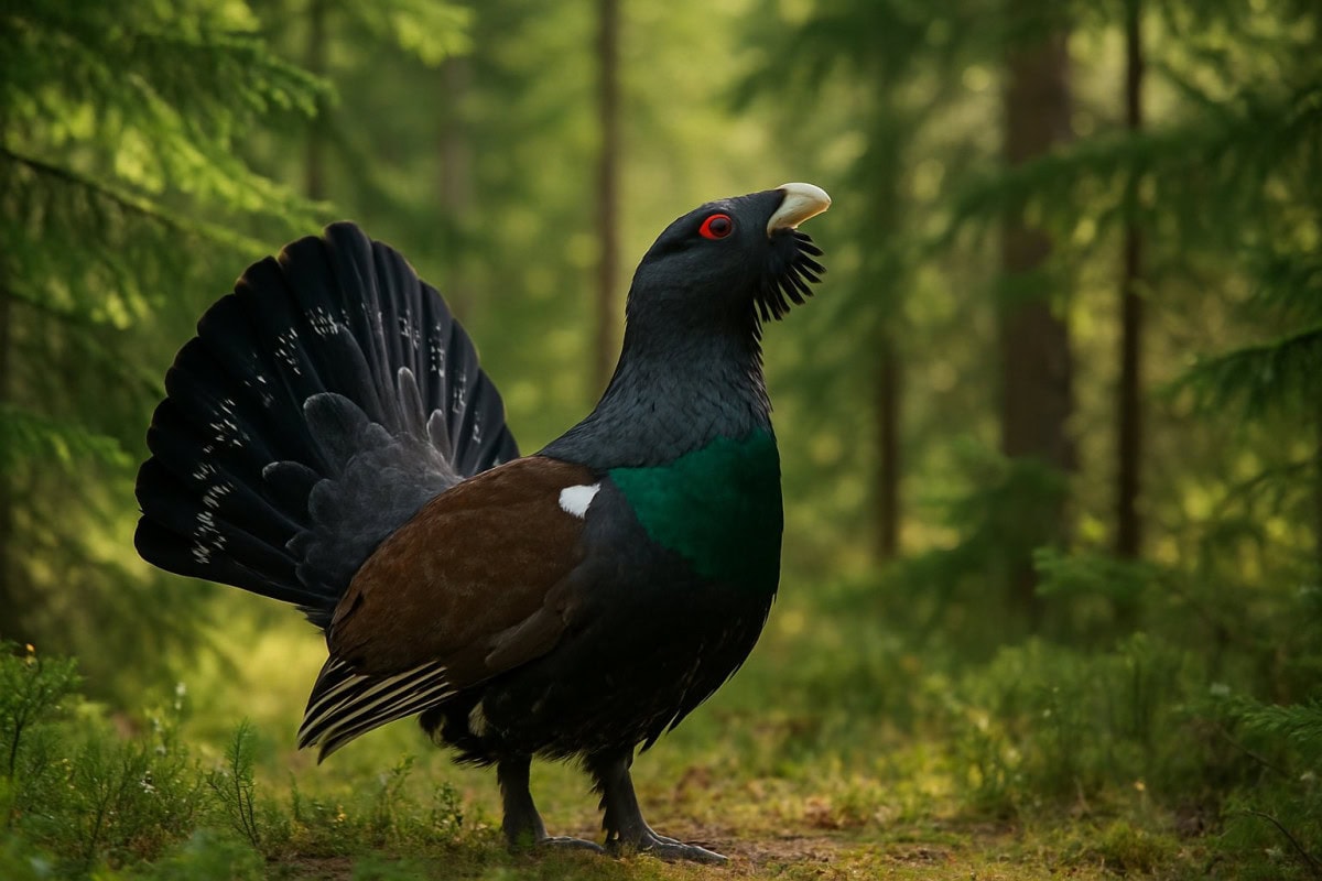 En tjäder i skogen med utbredda stjärtfjädrar och grön skog i bakgrunden.