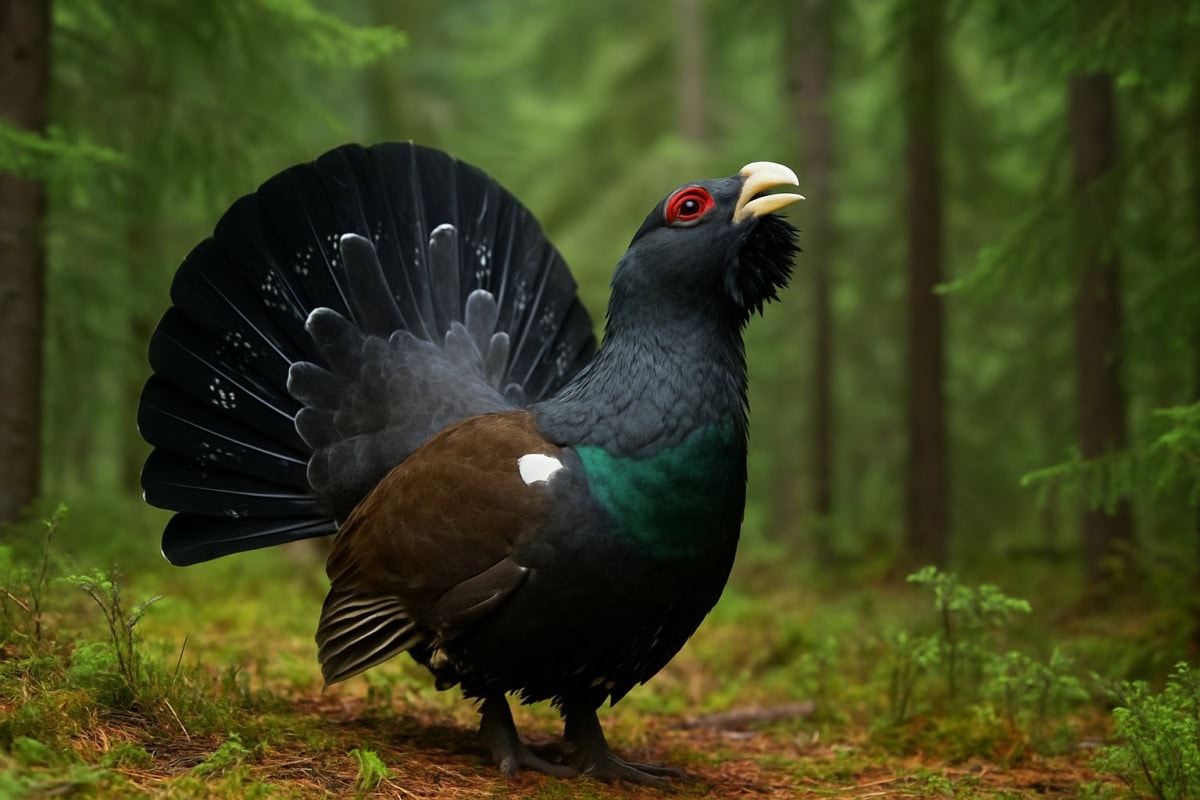 En orre i skogen med utslagen plym och röd ögonfläck, stående på marken bland mossa och barr.