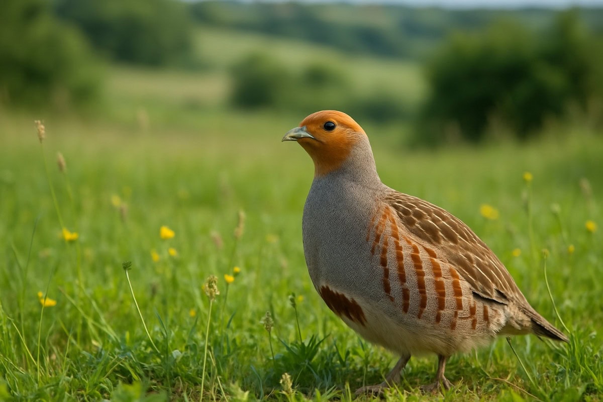 En rapphöna står på marken i en grön äng med gräs och blommor, omgiven av ett landskap med kullar och buskar.