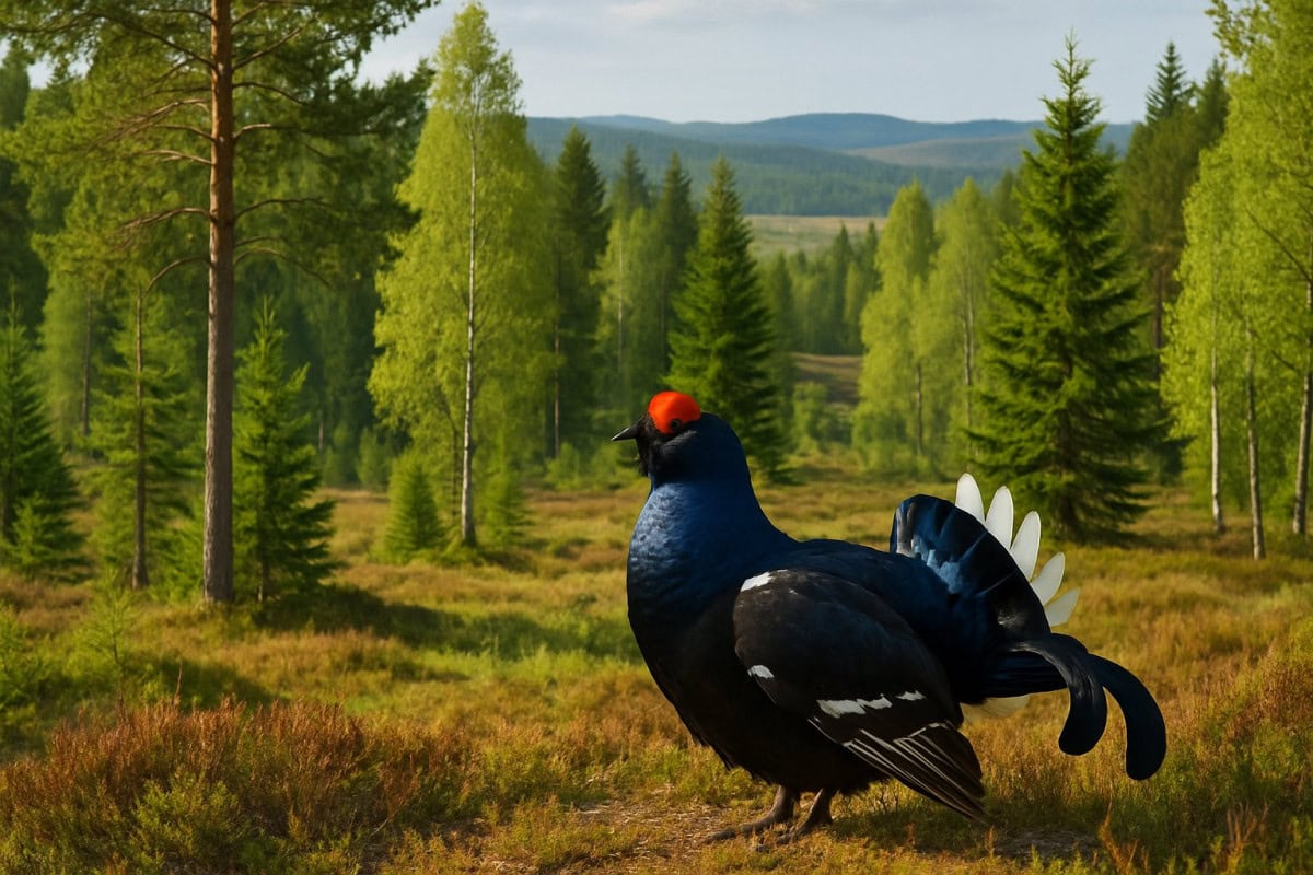 En svart orre med utbredda stjärtfjädrar i en skog med barr- och lövträd samt hedlandskap i bakgrunden.