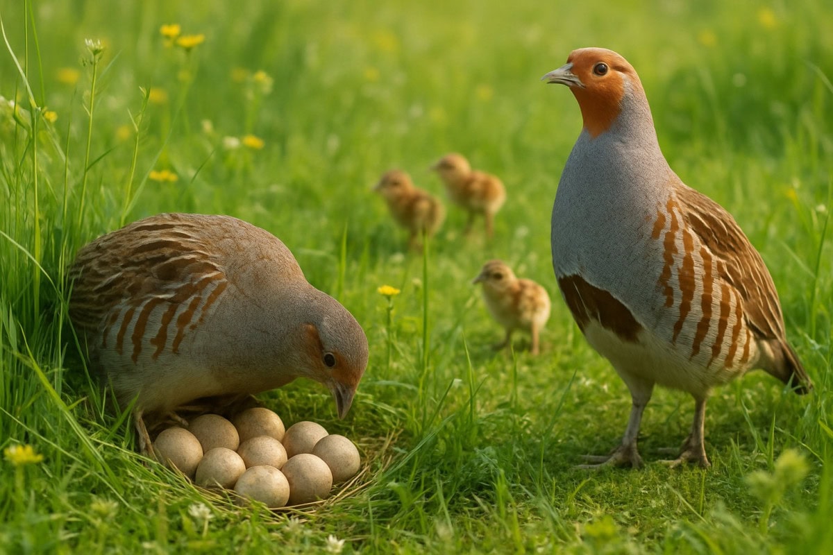 En hönsfågel och dess ungar i en grön äng med ägg i ett bo bland högt gräs.