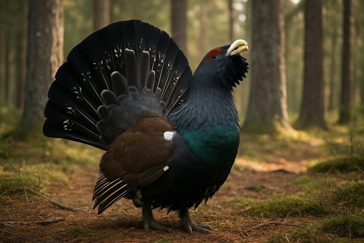 En tjäder som visar upp sig på skogsmark under parningssäsongen, omgiven av tallar och mossa.