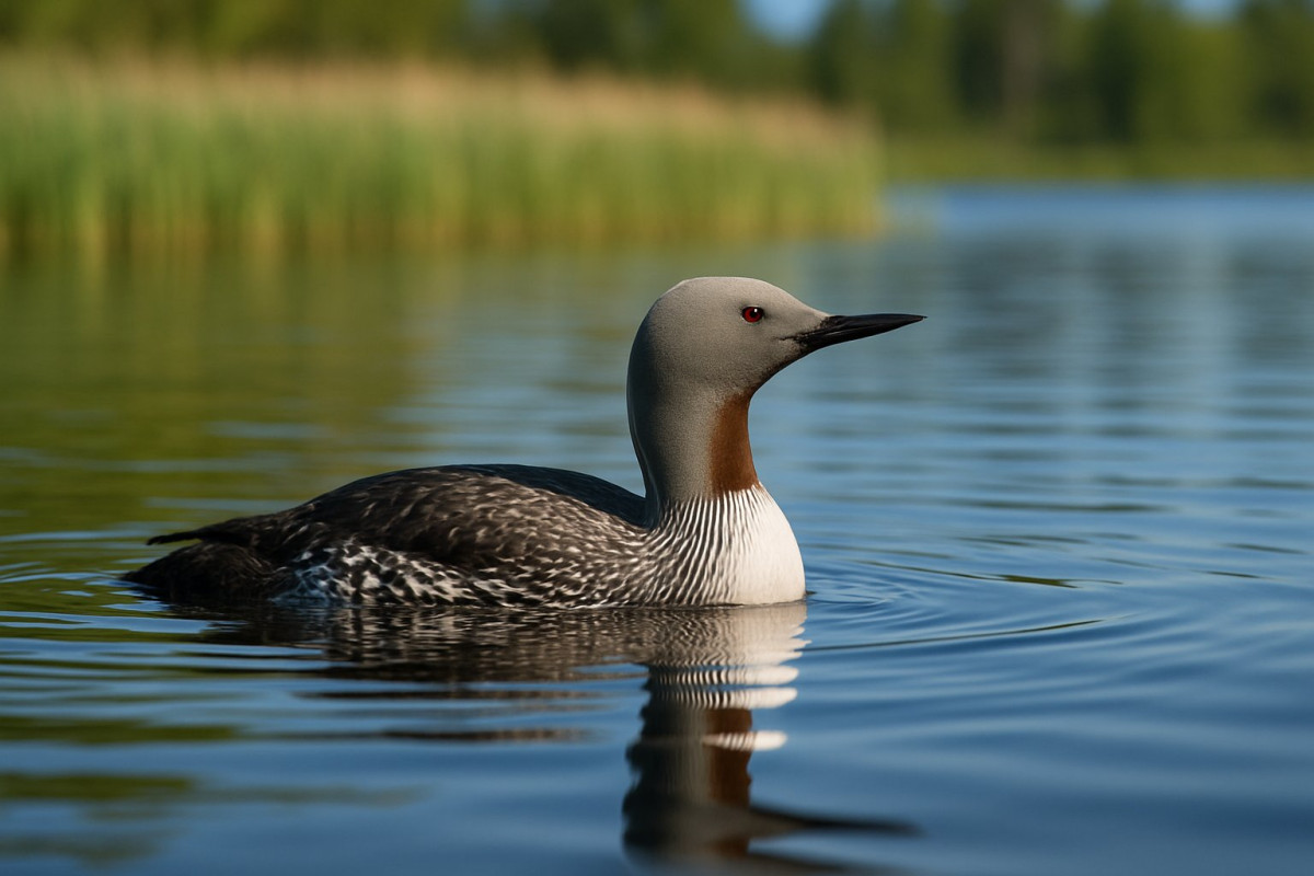 En Smålom som flyter på en lugn sjö med gröna vassar i bakgrunden.