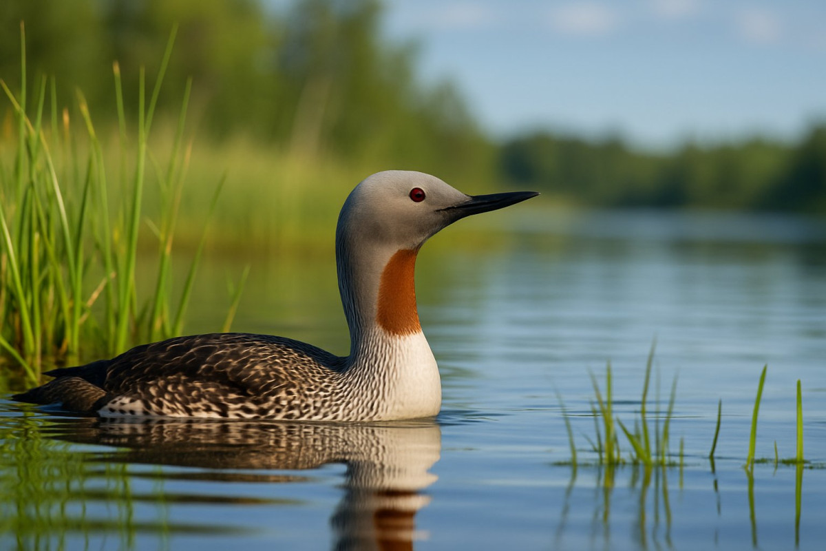 En Smålom som simmar i ett lugnt vatten omgivet av gröna vass och vattenväxter.