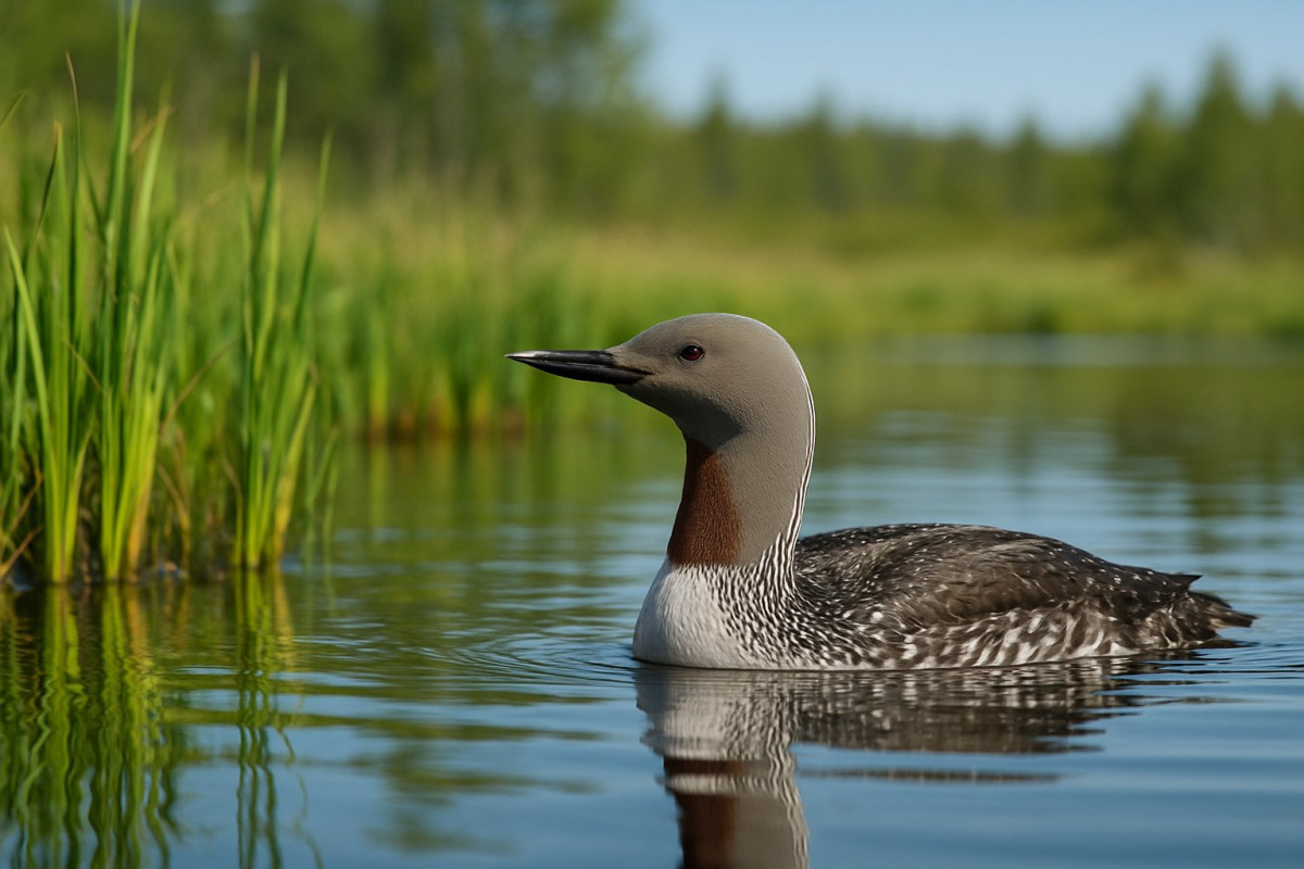 En Smålom som simmar i en lugn sjö omgiven av gröna vass och vattenväxter.