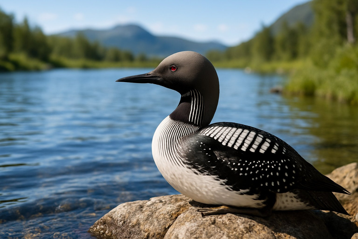 En Storlom står på en sten vid en klar sjö med grön vegetation och berg i bakgrunden.